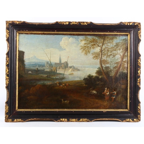 2058 - 18th century Italian School, oil on canvas, figures in extensive coastal landscape, unsigned, 16