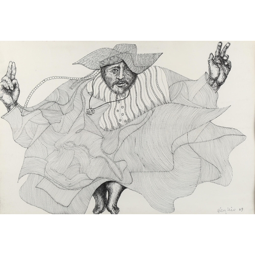 2061 - Virgilio, pen and ink drawing, dancing man, signed and dated '89, 37cm x 54cm, framed