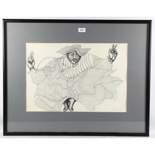 2061 - Virgilio, pen and ink drawing, dancing man, signed and dated '89, 37cm x 54cm, framed