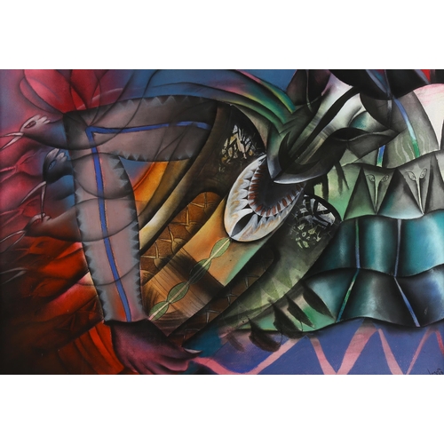 2062 - Ruben Leyva (born 1953), mixed media watercolour/ink/pastel on paper, Tribal composition, signed and... 