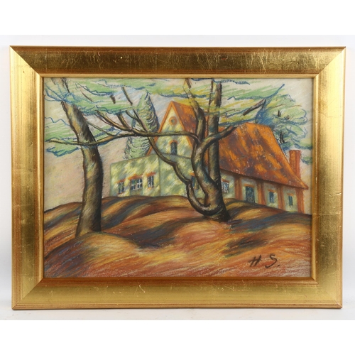 2073 - Attributed to Hugo Scheiber (1873-1950), pastel on paper, The House on the Hill, monogrammed, 28.5cm... 