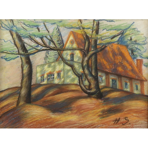 2073 - Attributed to Hugo Scheiber (1873-1950), pastel on paper, The House on the Hill, monogrammed, 28.5cm... 