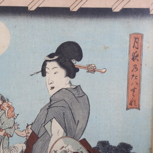 2086 - 19th century Japanese colour woodblock print, ladies on a terrace, signed, 36cm x 24cm, framed