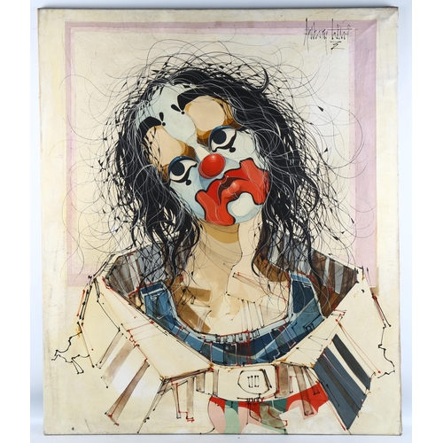 2089 - Anthony Litri, oil on canvas, clown, 96cm x 81cm, a similar artwork was used as an album cover for J... 