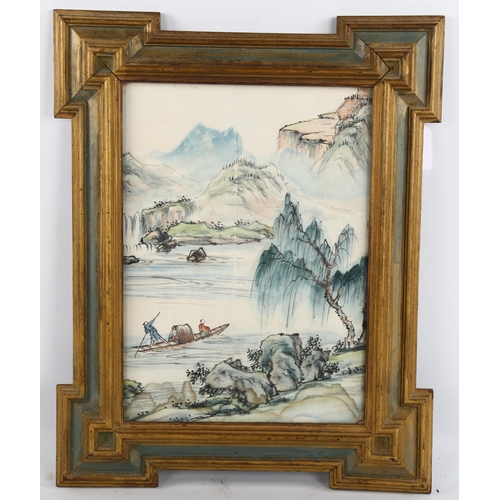 2102 - Chinese watercolour on silk, river landscape, gilt-framed, overall frame dimensions 46cm x 36cm