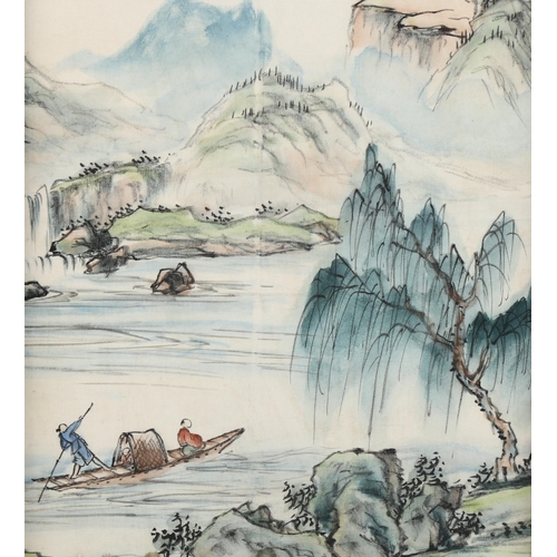 2102 - Chinese watercolour on silk, river landscape, gilt-framed, overall frame dimensions 46cm x 36cm