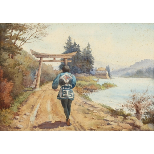 2110 - 19th century watercolour, Oriental landscape, signed with monogram, 25cm x 35cm, framed