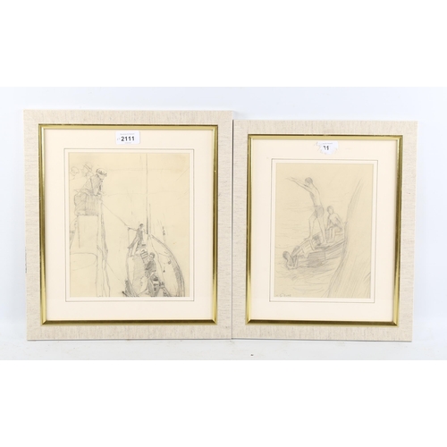 2111 - Manner of Henry Scott Tuke, 2 pencil sketches, bathers, and boating scene