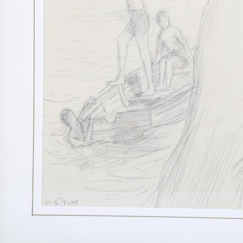 2111 - Manner of Henry Scott Tuke, 2 pencil sketches, bathers, and boating scene