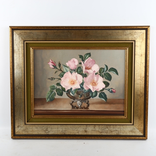 2112 - James Noble, oil on board, still life roses, signed with Stacy-Marks label verso, 30cm x 40cm, frame... 