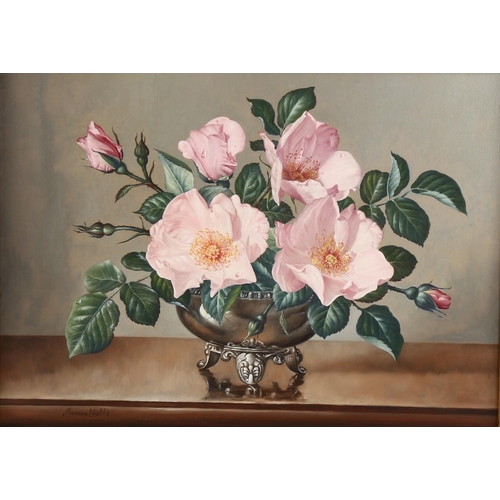 2112 - James Noble, oil on board, still life roses, signed with Stacy-Marks label verso, 30cm x 40cm, frame... 