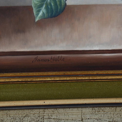 2112 - James Noble, oil on board, still life roses, signed with Stacy-Marks label verso, 30cm x 40cm, frame... 