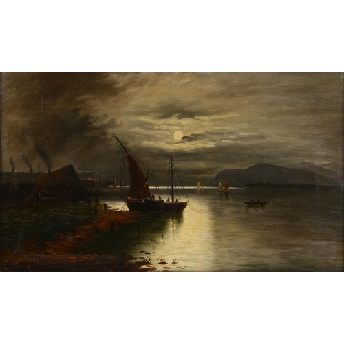 2115 - George Cole RA, oil on canvas, unloading a ketch by moonlight, signed, 30cm x 50cm, framed