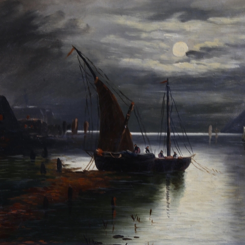 2115 - George Cole RA, oil on canvas, unloading a ketch by moonlight, signed, 30cm x 50cm, framed