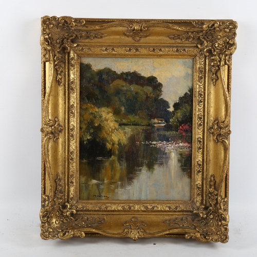 2117 - M Watling, oil on panel, view across a pond, signed, 25cm x 20cm, framed