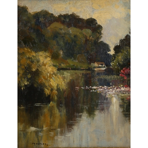 2117 - M Watling, oil on panel, view across a pond, signed, 25cm x 20cm, framed