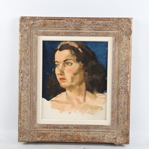 2118 - 20th century oil on board, portrait of a woman, unsigned, 30cm x 24cm, framed