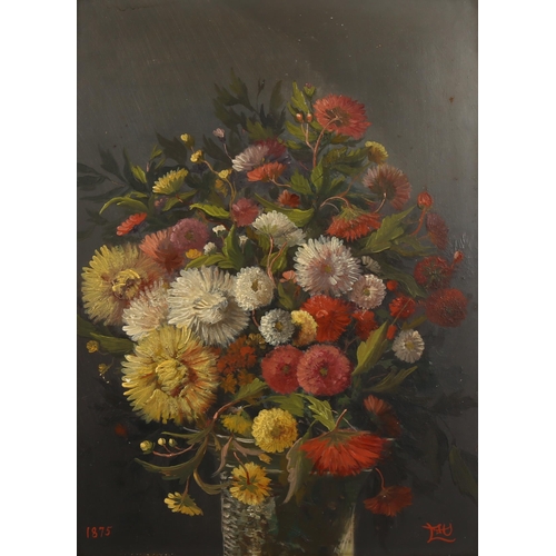 2119 - 19th century oil on board, still life flowers, signed with monogram, dated 1875, 34cm x 25cm, framed