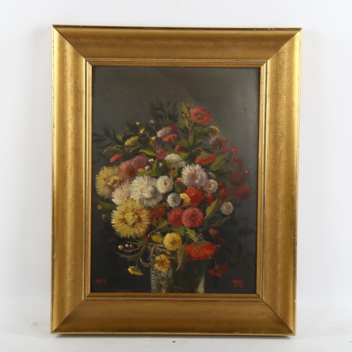 2119 - 19th century oil on board, still life flowers, signed with monogram, dated 1875, 34cm x 25cm, framed