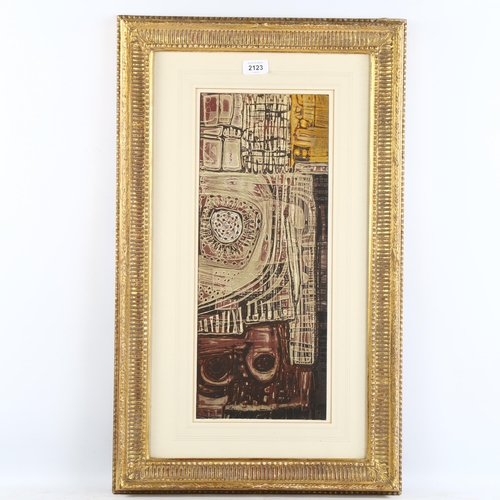 2123 - Mid-20th century coloured etching, abstract composition, unsigned, image 49cm x 20cm, framed