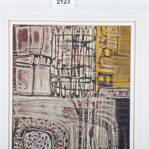 2123 - Mid-20th century coloured etching, abstract composition, unsigned, image 49cm x 20cm, framed