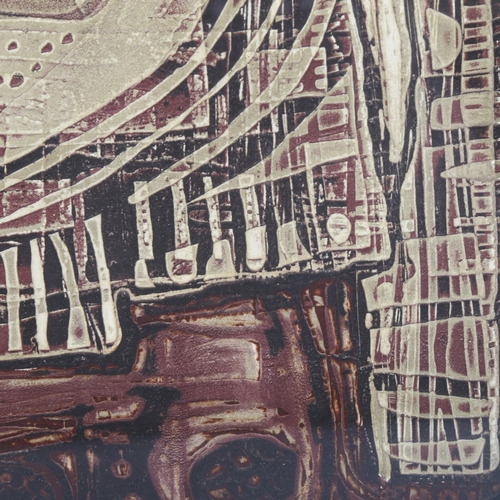 2123 - Mid-20th century coloured etching, abstract composition, unsigned, image 49cm x 20cm, framed