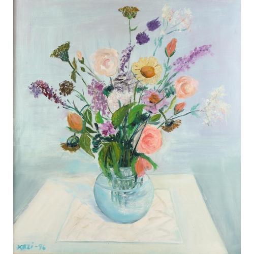 2148 - Kazi (Karen Zimson Denmark), oil on canvas, still life flowers, signed and dated 1996, inscribed on ... 