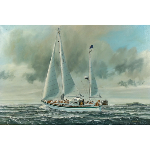 2149 - John Wright, oil on canvas, racing yacht, signed and dated 1980, 51cm x 77cm, framed