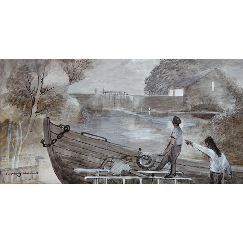 2156 - Ernest Greenwood, watercolour, canal lock scene, signed, 18cm x 33cm, framed