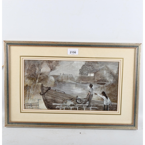 2156 - Ernest Greenwood, watercolour, canal lock scene, signed, 18cm x 33cm, framed