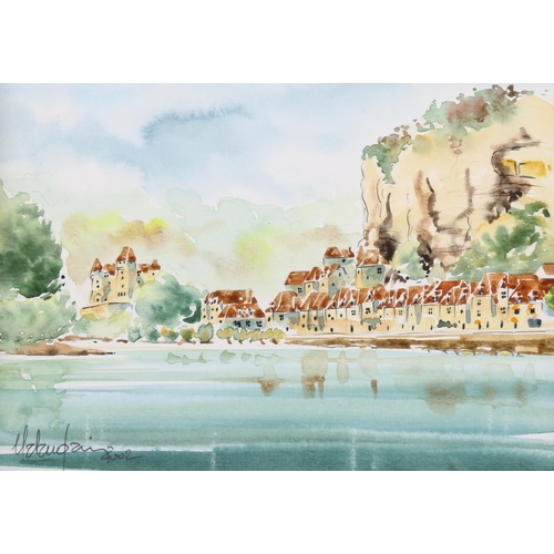 2157 - Jean Claude Malandain, watercolour, Continental lake scene, 14cm x 20cm, framed