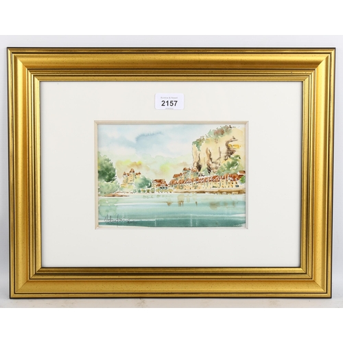 2157 - Jean Claude Malandain, watercolour, Continental lake scene, 14cm x 20cm, framed