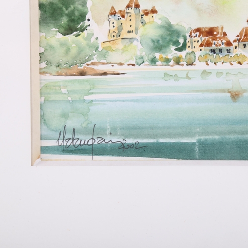 2157 - Jean Claude Malandain, watercolour, Continental lake scene, 14cm x 20cm, framed