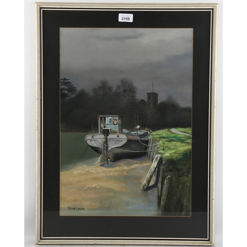 2159 - Brian Lewis, coloured pastels, moored barge, 50cm x 35cm, framed