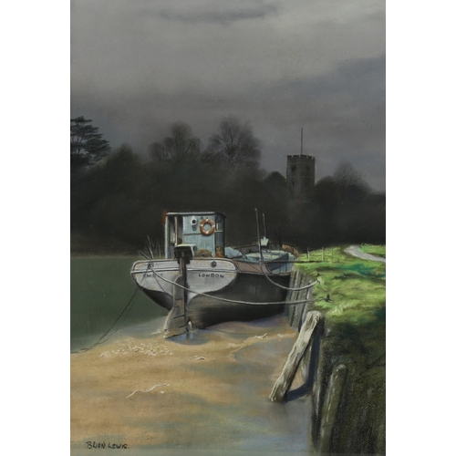 2159 - Brian Lewis, coloured pastels, moored barge, 50cm x 35cm, framed