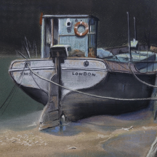 2159 - Brian Lewis, coloured pastels, moored barge, 50cm x 35cm, framed