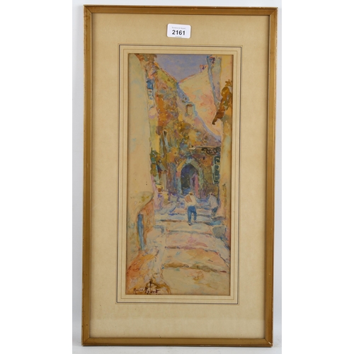 2161 - Marius Robert, watercolour, street scene, signed, 40cm x 17cm, framed