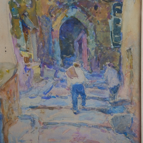 2161 - Marius Robert, watercolour, street scene, signed, 40cm x 17cm, framed