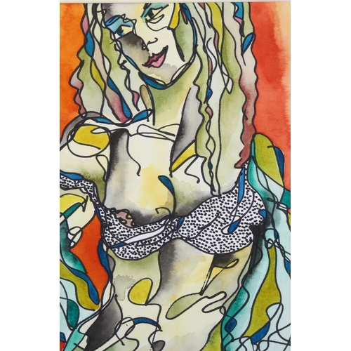 2162 - Gail Miller, mixed media ink/watercolour on paper, abstract nude, 31cm x 21cm, framed