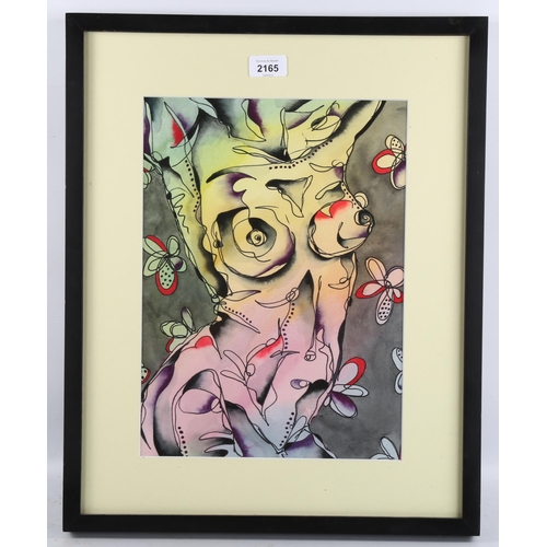 2165 - Gail Miller, mixed media ink/watercolour on paper, abstract nude, 37cm x 27cm, framed