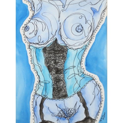 2166 - Gail Miller, mixed media ink/watercolour on paper, abstract nude, 39cm x 29cm, framed