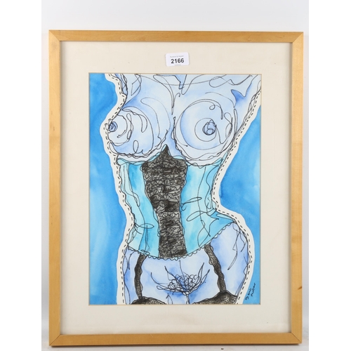 2166 - Gail Miller, mixed media ink/watercolour on paper, abstract nude, 39cm x 29cm, framed