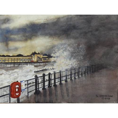 2168 - Leighton Goobie, watercolour, storm swept pier, 29cm x 38cm, framed