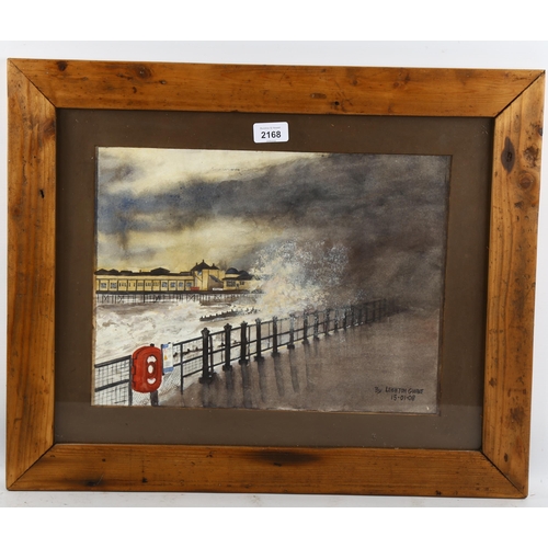 2168 - Leighton Goobie, watercolour, storm swept pier, 29cm x 38cm, framed