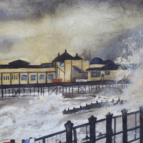 2168 - Leighton Goobie, watercolour, storm swept pier, 29cm x 38cm, framed