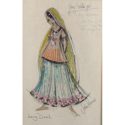 2170 - 2 theatrical costume designs by John Furniss, for Tara Imogen Hassall in The Long Duel with Yul Bryn... 