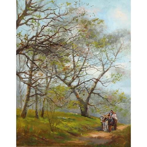 2171 - Contemporary oil on board, horse-drawn cart on a woodland road, indistinctly signed, 37cm x 30cm, fr... 