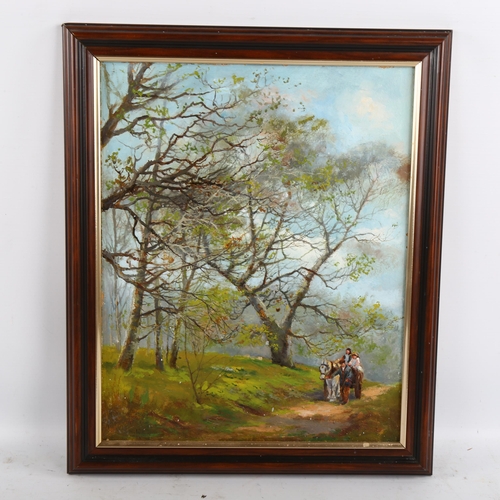 2171 - Contemporary oil on board, horse-drawn cart on a woodland road, indistinctly signed, 37cm x 30cm, fr... 