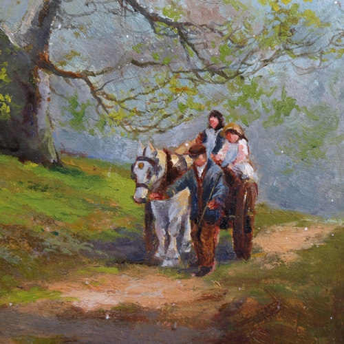 2171 - Contemporary oil on board, horse-drawn cart on a woodland road, indistinctly signed, 37cm x 30cm, fr... 