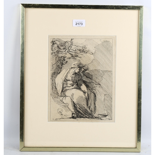 2173 - Old Master engraving, seated figures, indistinct inscription, image 26cm x 19cm, framed